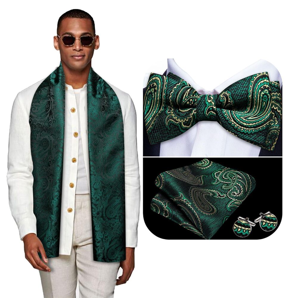 7062 Green Scarf and Bow Tie Set Paisley Silk Pre-Tied Bowtie Shamrock Day